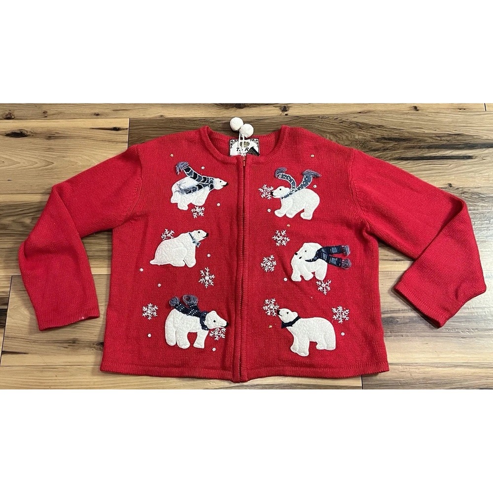 VTG Tiara Petites Red Christmas Ugly Sweater Full Zip Polar Bear Womens PL Ramie